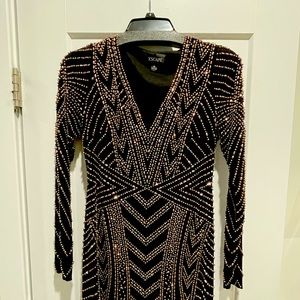 Xscape Beaded Long Cocktail Dress with Long Sleeves, Size 8